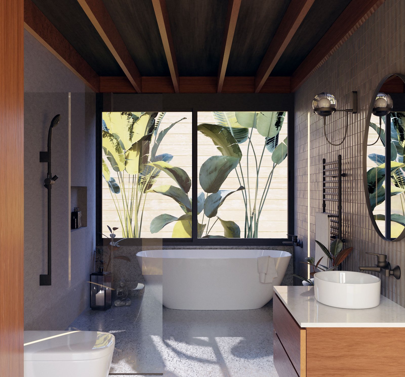 Banheiro com acabamento contemporâneo e composição minimalista