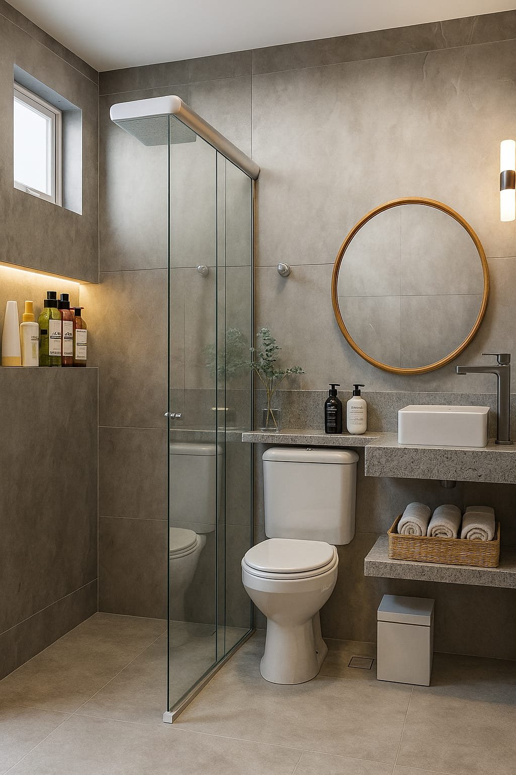 Banheiro compacto com tons minerais e detalhes elegantes