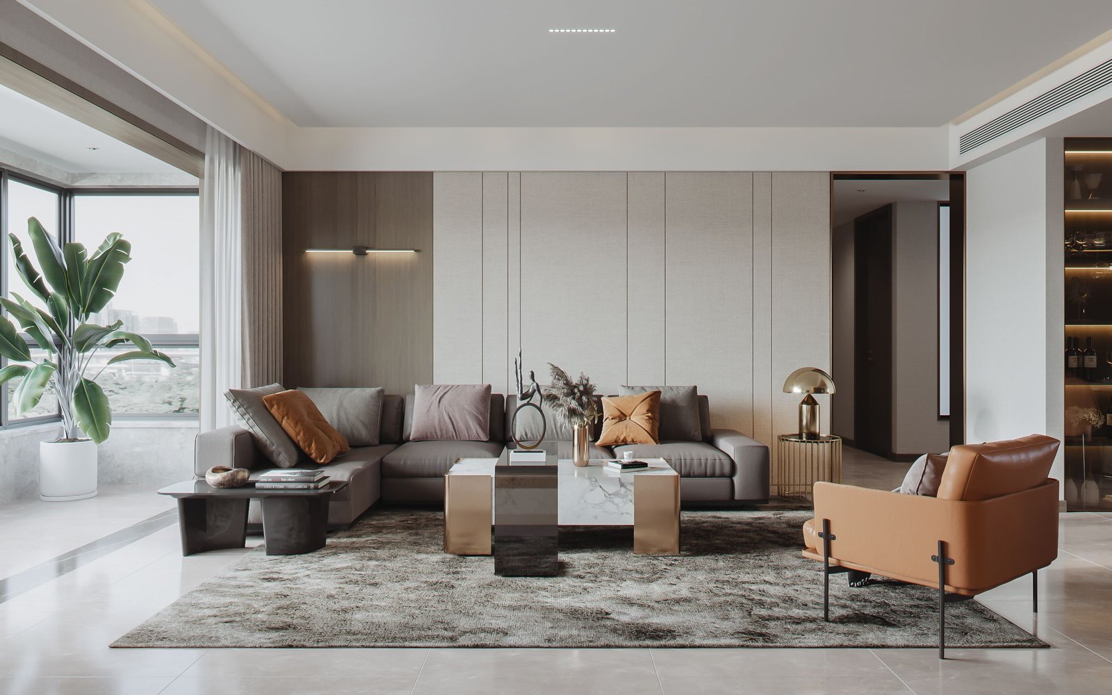 Interior residencial com materiais naturais e composição aconchegante