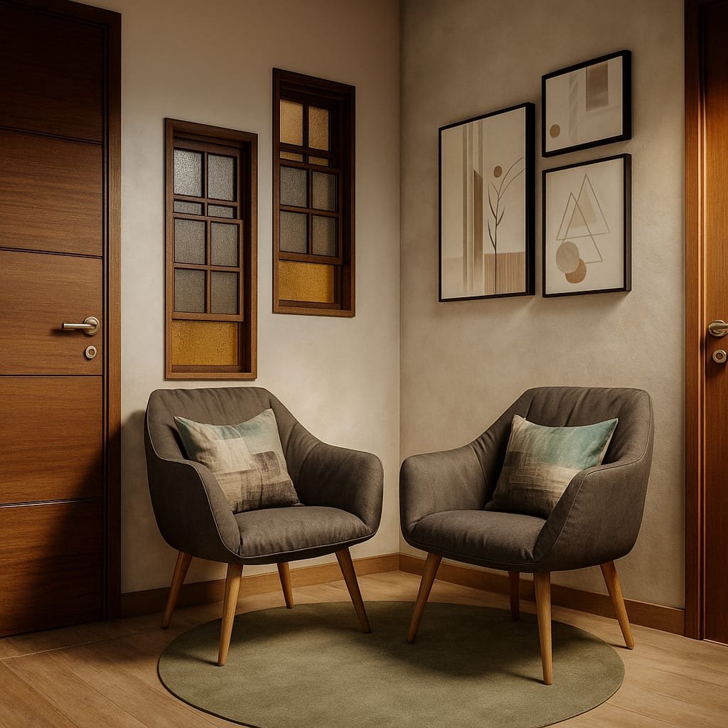 Sala de estar com composição leve e mobiliário planejado